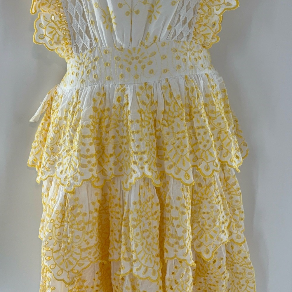 NJ Couture Yellow and White Eyelet Lace Tiered Sundress Ruffles Sunny Size L - Picture 3 of 17